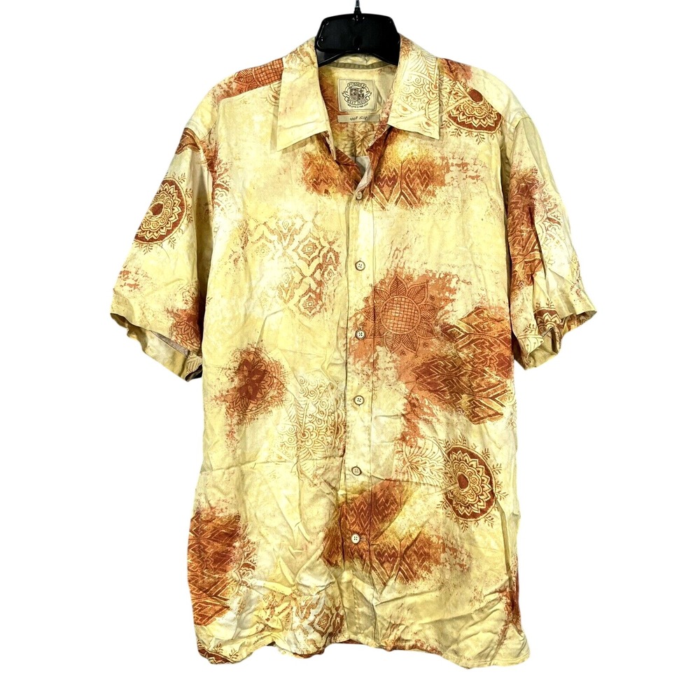 PUSSER'S WEST INDIES Men's YELLOW SILK BATIK PRINT Button-Up CAMP SHIRT Sz L
